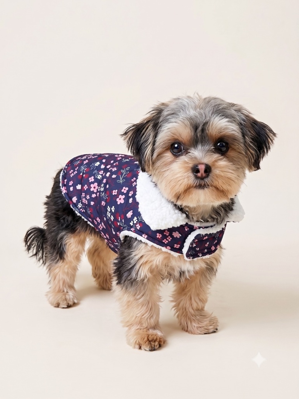 Pup Crew Navy Floral Quilted Dog Coat - Cozy Sherpa Fleece Lining